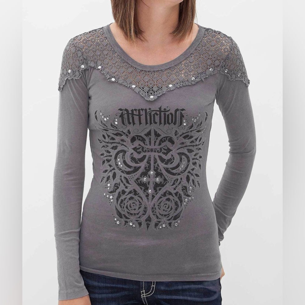 Affliction Gray Long Sleeve Lace Yoke Graphic Tee
